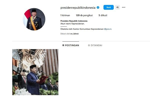 Akun Instagram @presidenrepublikindonesia Diluncurkan untuk Publikasi Kebijakan Presiden Prabowo