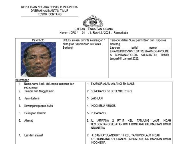 Masuk Daftar Pencarian Orang, Syamsir Alam Diburu Polres Bontang, Diduga Terlibat Kasus Narkoba