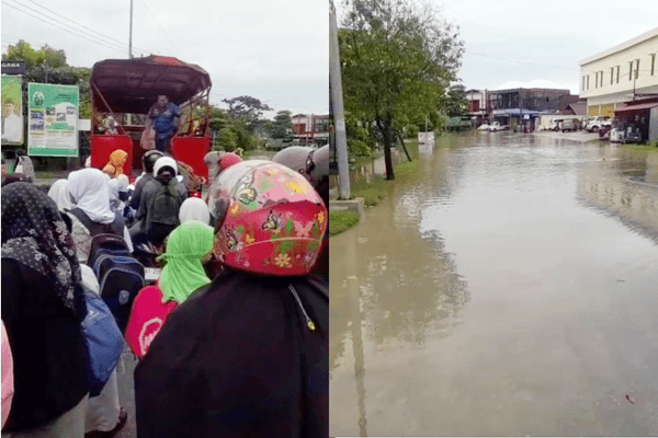 Banjir Rob di Bontang Kuala, Ratusan Pelajar Terlambat Sekolah, Mobil Damkar Bantu Evakuasi