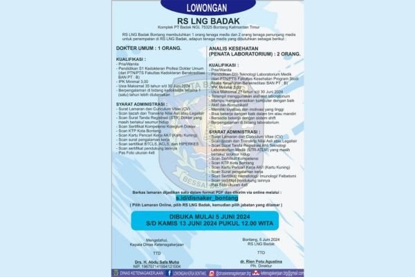 Dibuka sampai 13 Juni 2024, RS LNG Badak Bontang Cari Dokter Umum dan Analisis Kesehatan