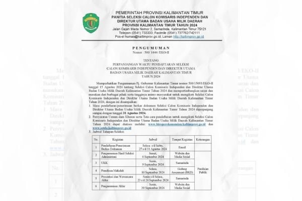 Pendaftaran Seleksi Calon Komisaris Independen dan Direktur Utama BUMD Kaltim Diperpanjang hingga 31 Agustus 2024