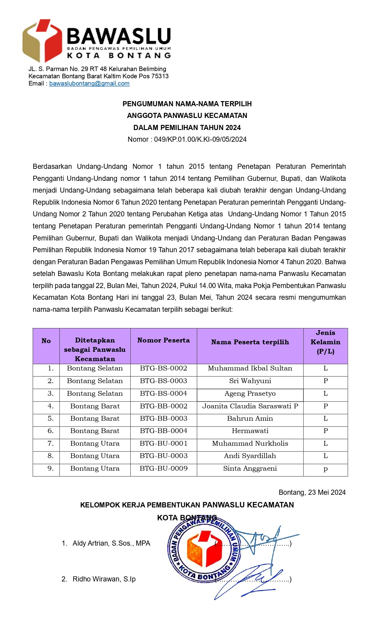 Bawaslu Bontang Tetapkan Panwaslu Kecamatan, Besok Dilantik, Berikut Daftar Namanya