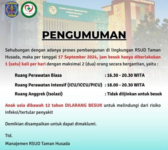 RSUD Taman Husada Bontang Terapkan Pembatasan Jam Besuk Mulai 17 September 2024