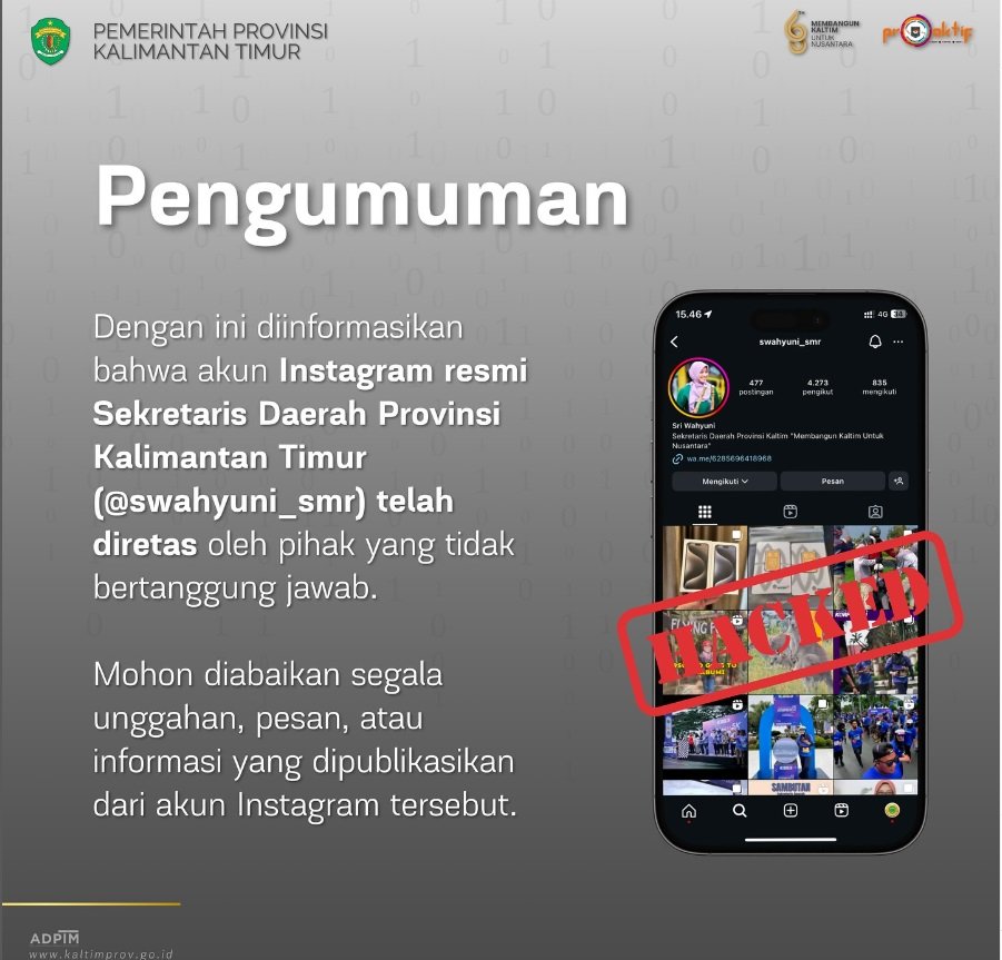Akun Instagram Sekda Kaltim Diretas, Warga Diminta Waspada