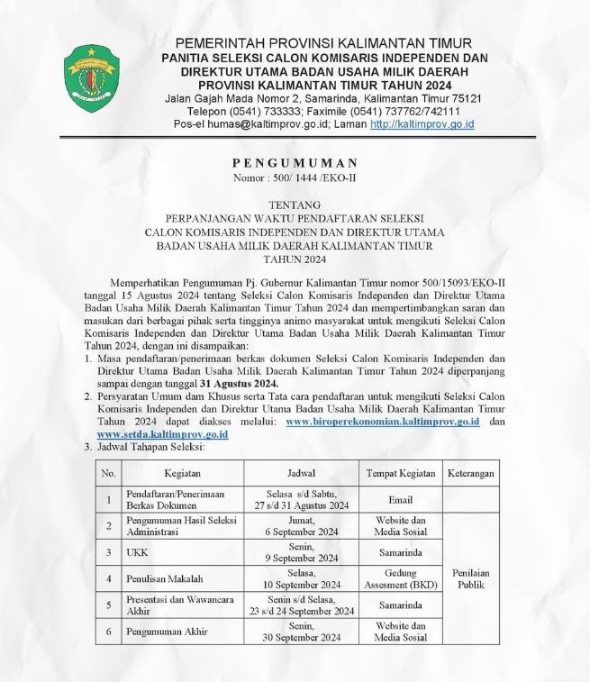 Pendaftaran Seleksi Calon Komisaris Independen dan Direktur Utama BUMD Kaltim Diperpanjang hingga 31 Agustus 2024