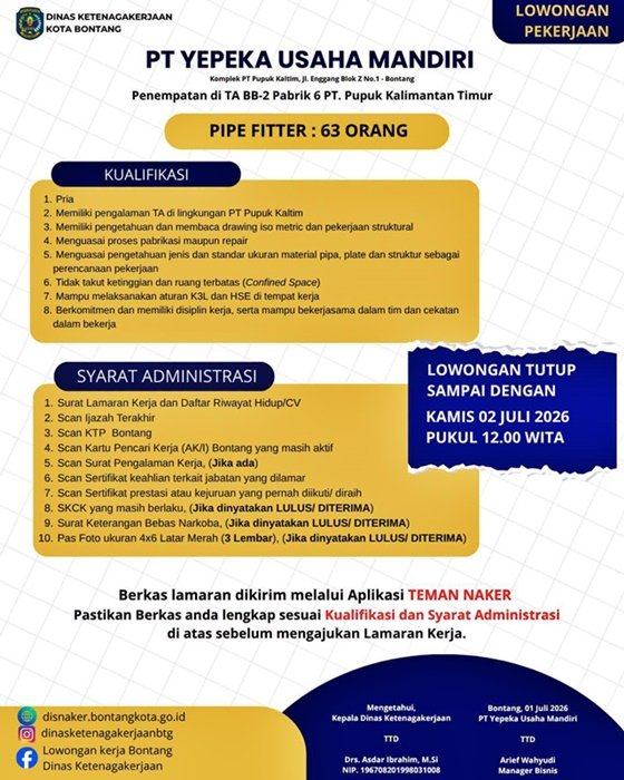 Lowongan Kerja Bontang: Dicari 63 Pipe Fitter untuk Proyek Pupuk Kaltim
