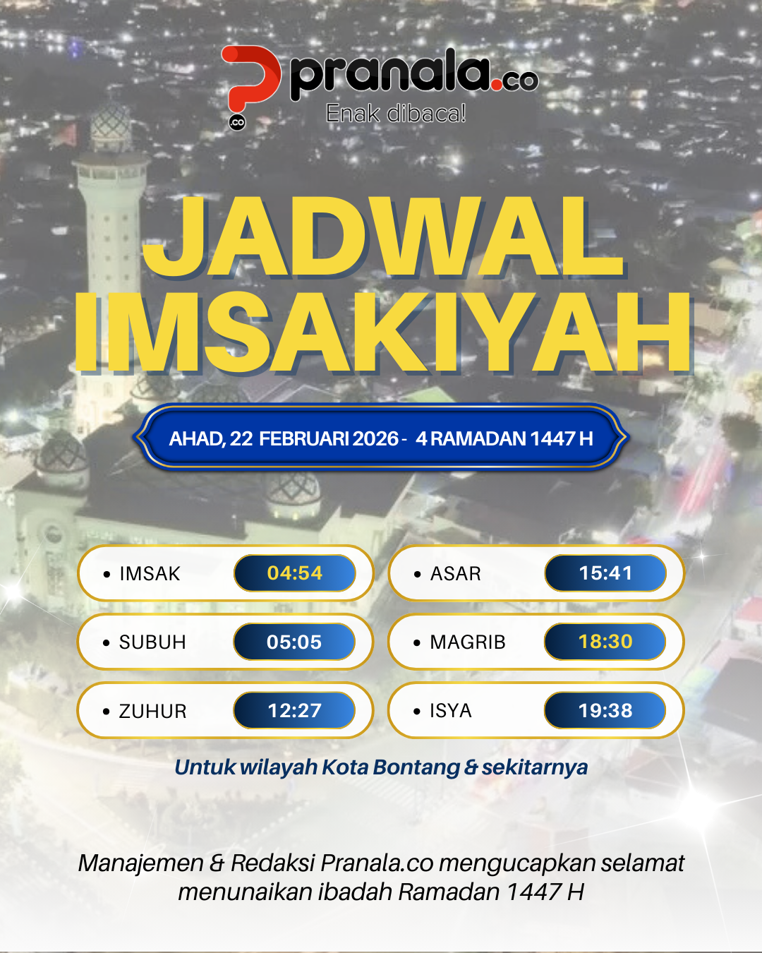 Jadwal Imsakiyah Bontang 22 Februari 2026: Momentum Sahur dan Fajar yang Penuh Berkah