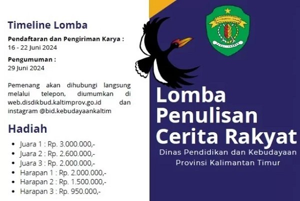 Ayo Ikuti! Lomba Penulisan Cerita Rakyat Kalimantan Timur 2024, Total Hadiah Puluhan Jutaan Rupiah